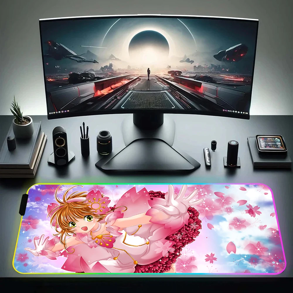 Pink Sakura Card Captor RGB Pc Gamer Keyboard Mouse Pad Mousepad LED Glowing Mouse Mats Rubber Gaming Computer Mausepad