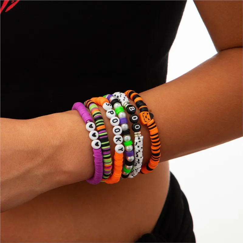 Halloween Themed Cool Spicy Vintage Pumpkin Head Beaded Bracelet for Women Polymer Clay Bead Stretch Stylish Party Jewelry Gift