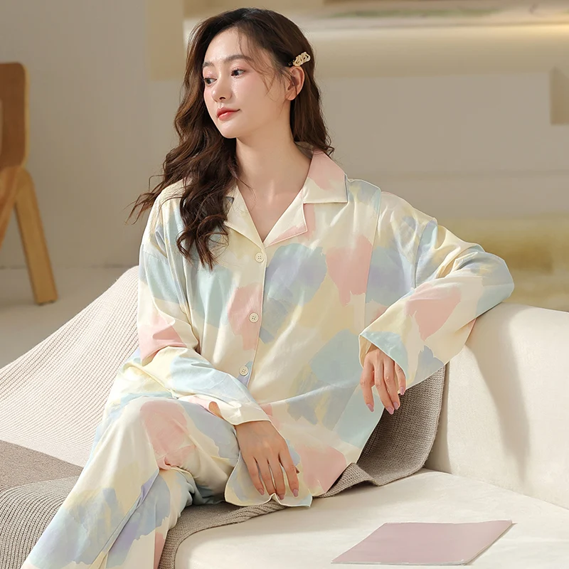 

L-5XL Pregnant Women Spring Autumn Cotton Pajamas Postpartum Long-Sleeve Confinement Home Service Breastfeeding Female Clothes