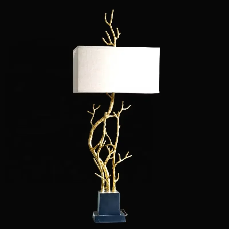 Retro Brass Table Lamp with Black Marble Base Creative Branch Design White Shadow LED Light for Home Decoration Living Room