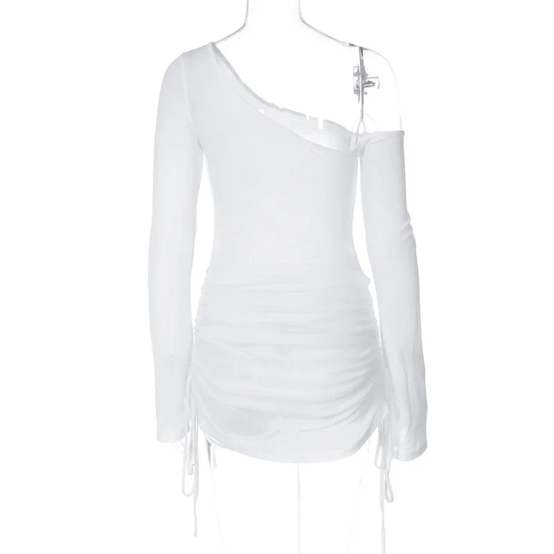 Women Solid See Through Drawstring Holiday Beach Cover Ups Mini Dress Inclined Off Shoulder Long Sleeve Vacation Bikini Smock