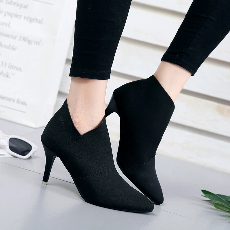 2023 Grey Fashion Women High Heel Booties Large Size Female High-Heeled Boots Young Ladies Booties  Heel Cloth Boots