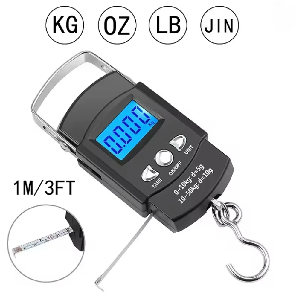 Portable Travel Hanging Fish Scale with 1m Metric and Imperial Retractable Measuring Tape, 50kg/10g LCD Electronic Hand Scale