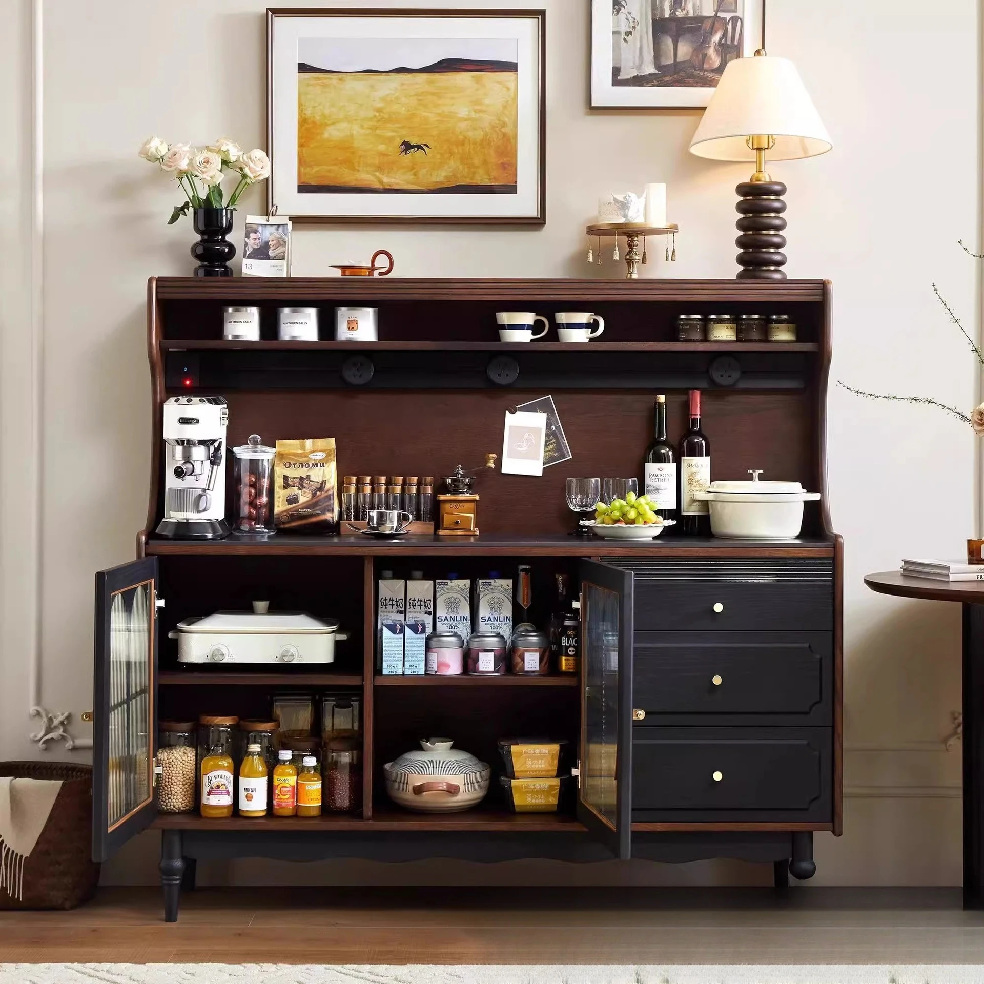 

French solid wood dining side cabinet light luxury high-end locker living room storage cabin et retro tea cabinet American coffe