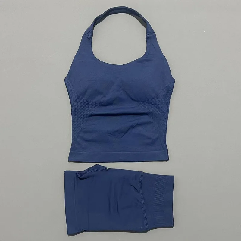 2 Pieces Sports Halter Top Strappy Bra Shorts Set Women Seamless Yoga Gym Leggings Set Running Fitness Sports Shorts Suit image 4