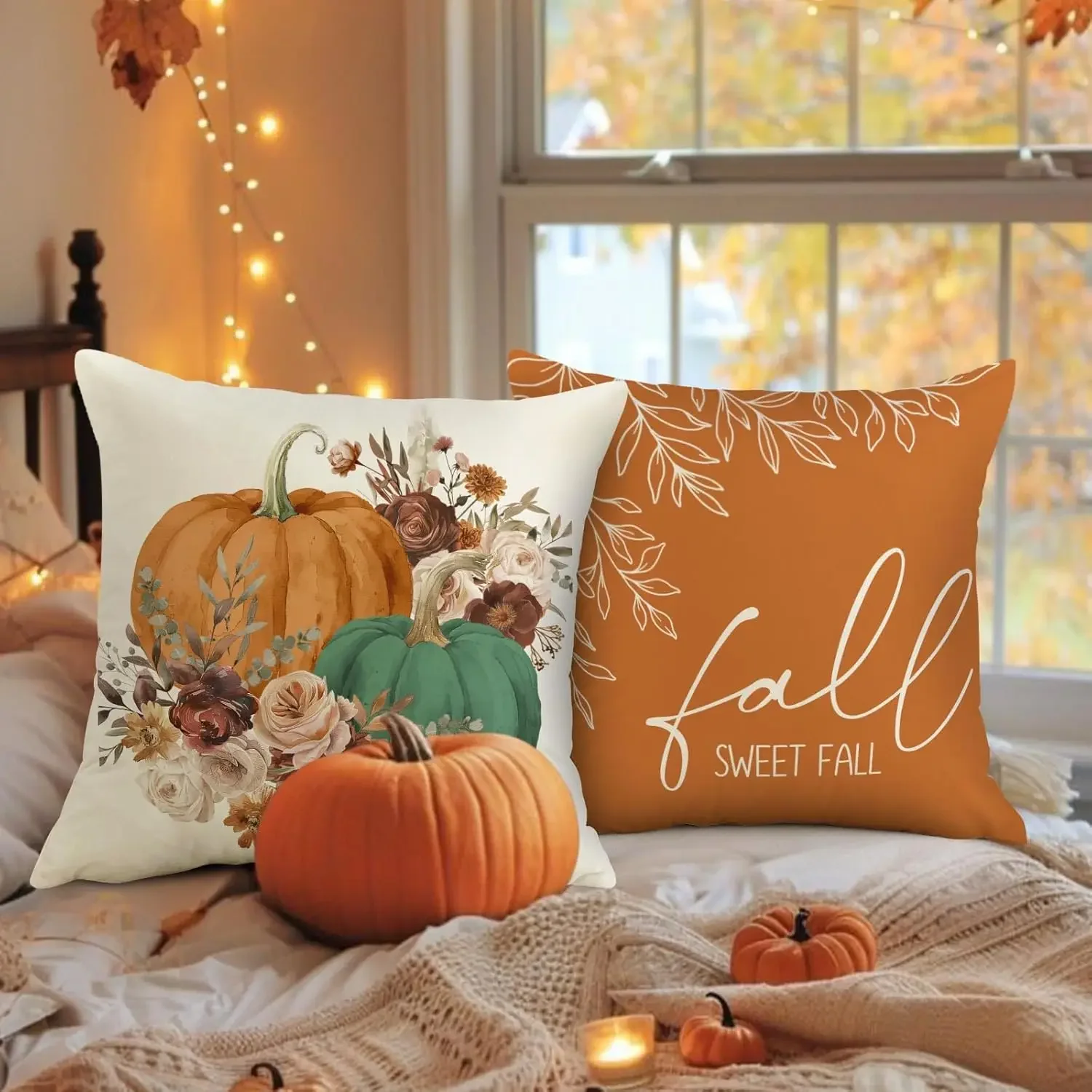 Juego de 4 fundas de almohada de otoño, funda de almohada decorativa de calabaza rosa de acuarela para vacaciones, fundas de