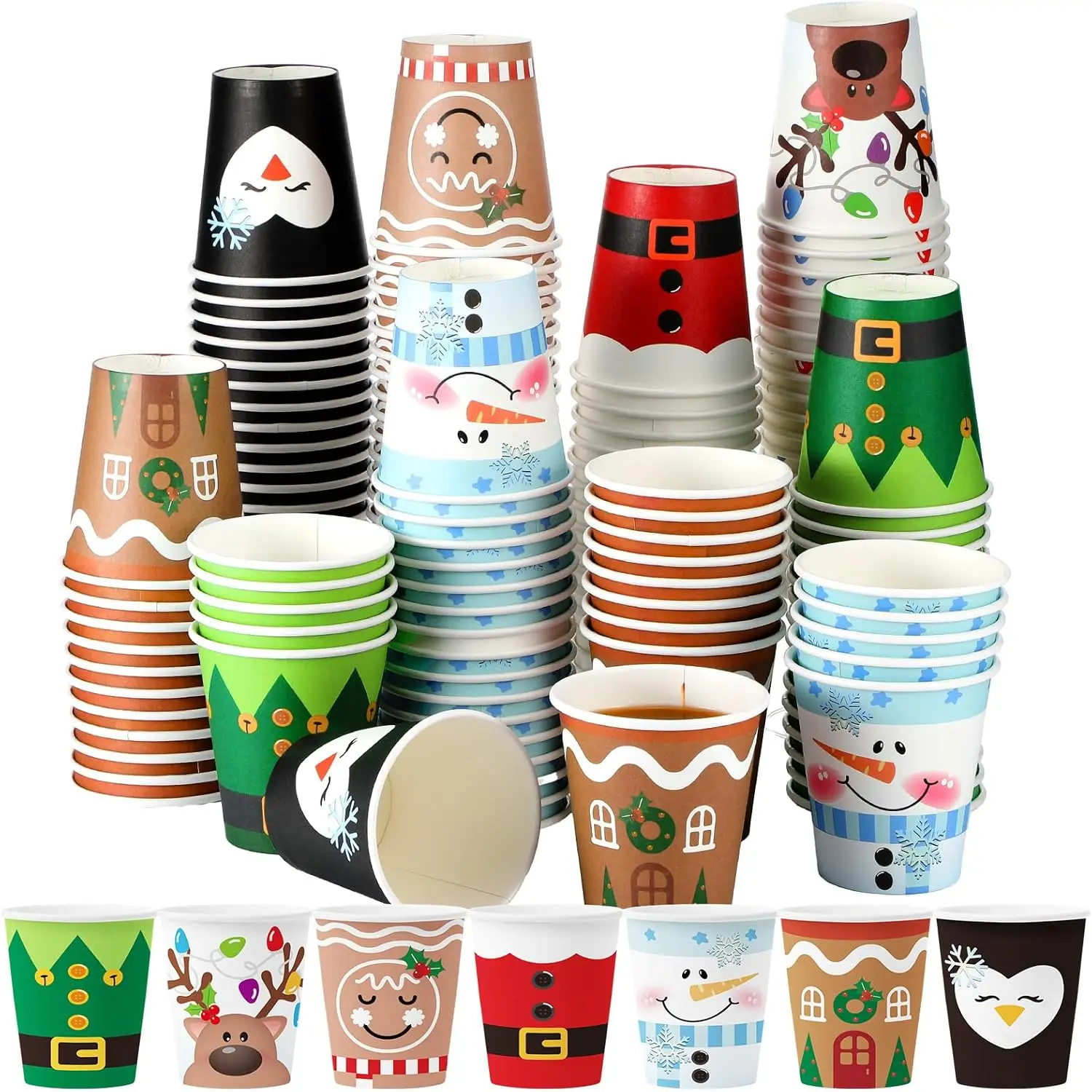 

140 Pcs Christmas Paper Cup Christmas Disposable Coffee Cups Santa Elk Snowman Penguin 9oz Holiday Drinking Tea Paper Xm