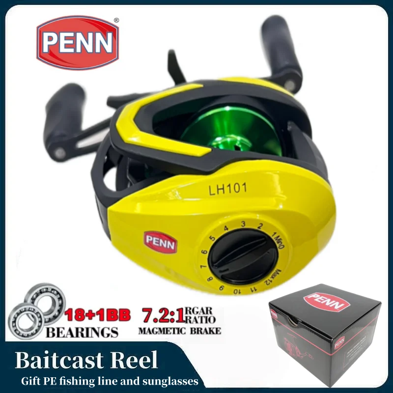 Carretilha PENN Baitcast 18+1BB com Relação de Engrenagem 7.2:1, Sistema de Freio Magnético e Linha PE Grátis + Óculos de Sol de Brinde