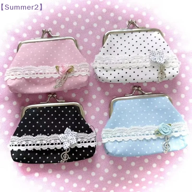 【Xia2】Cute Y2k Coin Purses Lady Small Wallet Wave Dot Handmade Lace Showa Rose Vintage Bag Hanging Pendant Earphone Bag Wallet
