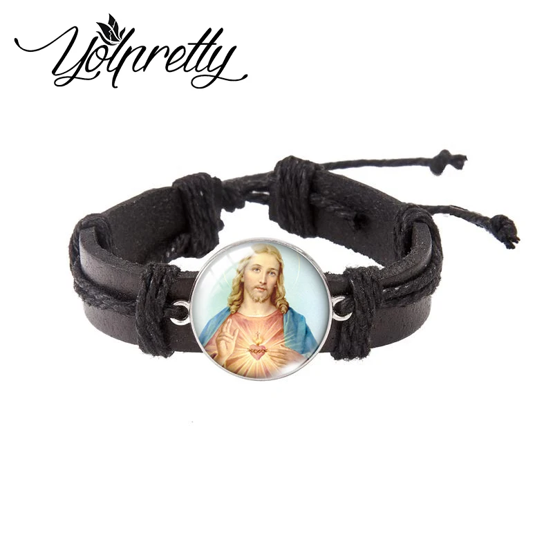 2023 New Fashion Jesus Blessed You Cross Faith Paintings Glass Dome Black Leather Bracelets Handcraft Jewelry for Men