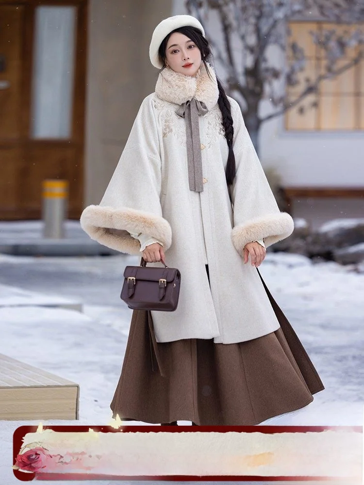 

Кардиган Qiumeng: Шерстяное пальто с круглым воротником, зимняя верхняя одежда с меховым воротником, юбка-миди для осени