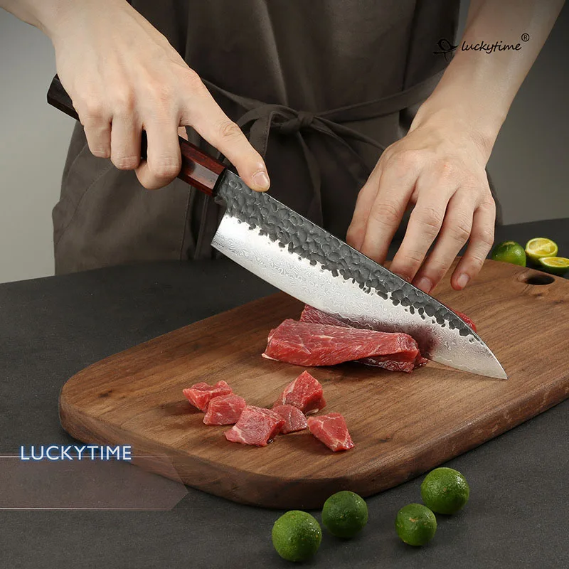 9 Inch Gyutou Knife 10Cr15MoV Damascus Steel Blade Chefs Cleaver Sashimi Slicing Sushi Kitchen Knives Wood Handle Cooking Tools