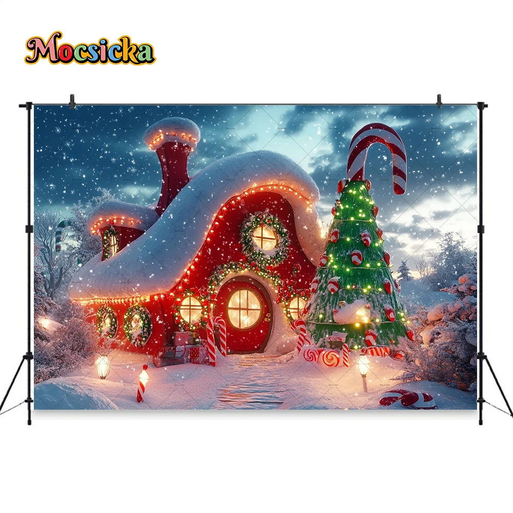 Christmas Elf House Background For Kids Winter Photography Candy Cane Snowflake Glitter Backdrop Decor Wonderland Photo Studio