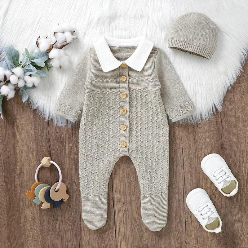 Baby Rompers Set Knit Infant Children Clothes Hat 0-18M Fashion Solid Newborn Girls Jumpsuit Long Sleeve Overalls Pantyhose 2pcs