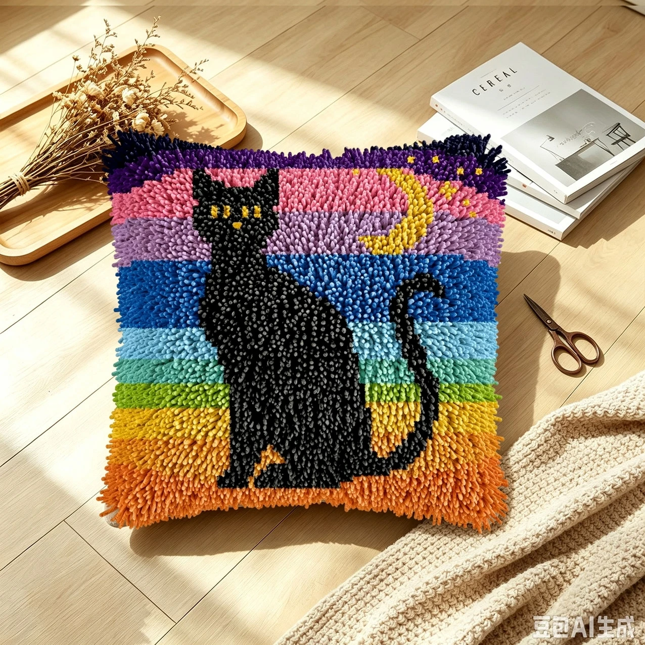 1 Set Regenbogen-Schwarze-Katze-Mondknoten-Kissen-Bastelset mit Kissenbezug für Handarbeiten, DIY-Anfängerfreundliches Latch-Hook-Set – Detail 2