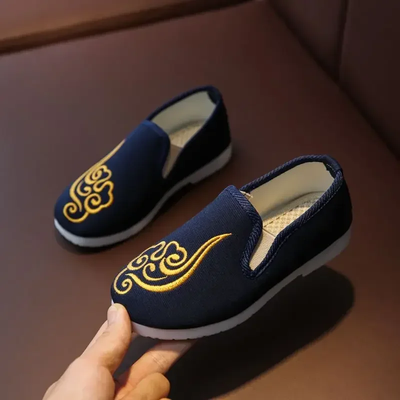 Children's Hanfu Handmade Shoes Chinese Traditional Black Embroidered Shoes Boys Vintage Soft Bottom Old Beijing Cloth Shoes