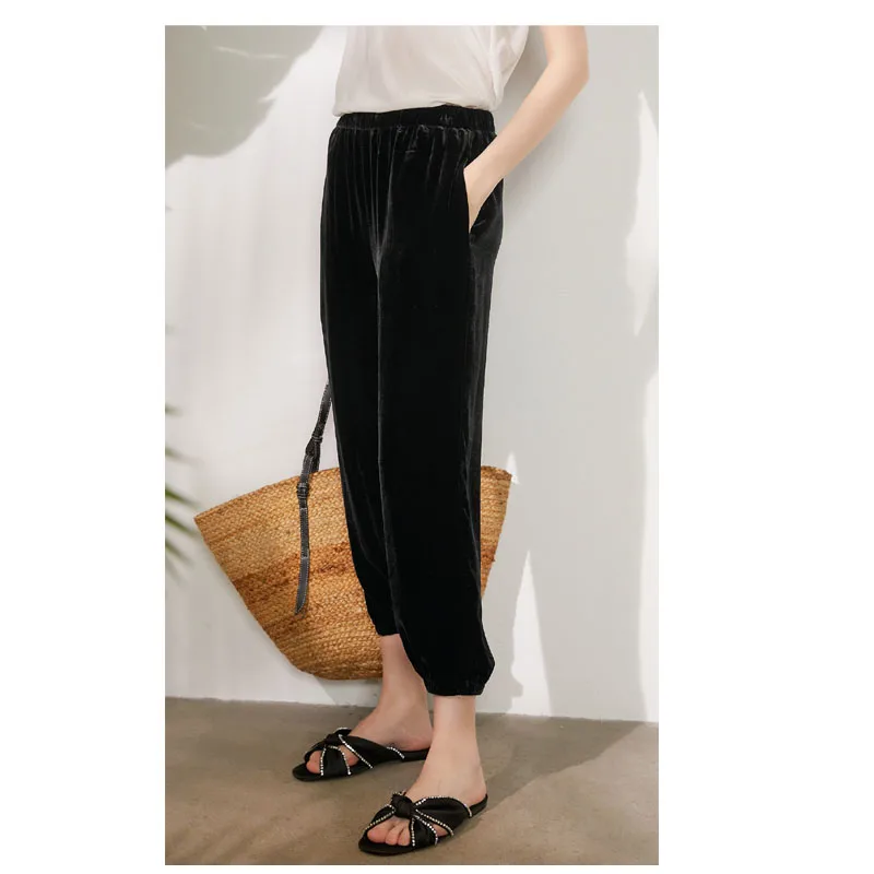 Fengbaoyu 天然シルクベルベット レディース 9 ピース パンツ ウエストゴム シンプルスタイル カジュアルパンツ 快適で涼しく通気性があります