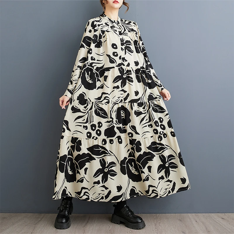 Retro europeu impressão longa sve a linha dr plus size primavera outono faion cintura alta emagrecimento maxi dr roupas femininas