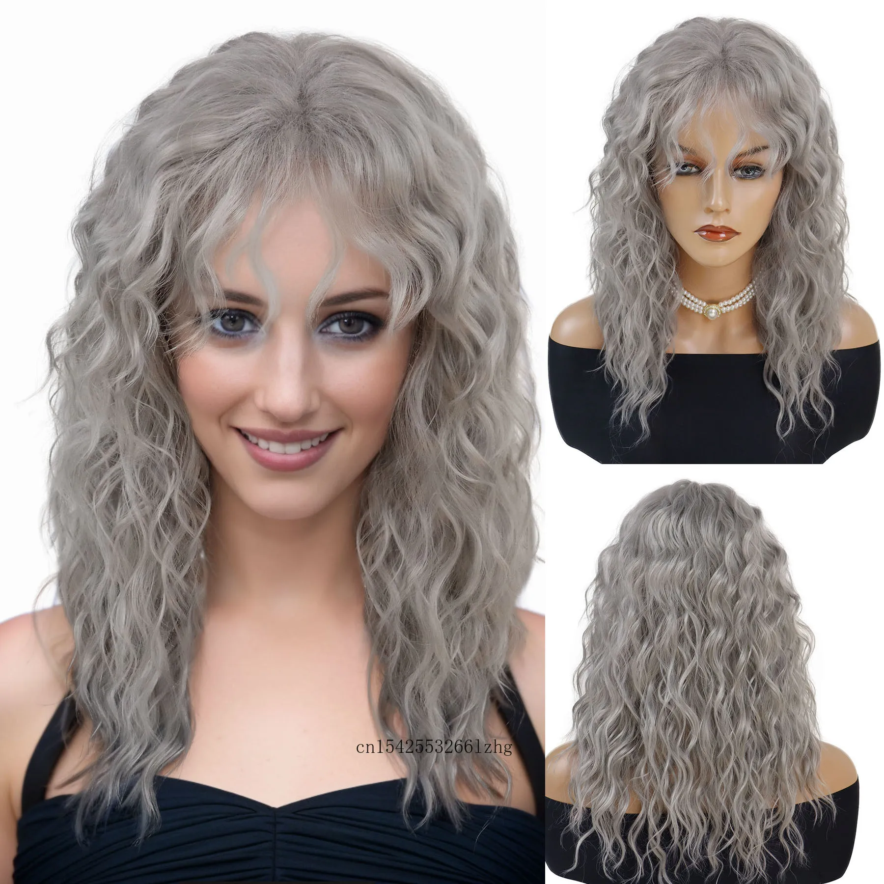 

GNIMEGIL Synthetic Natural Grey Wig Long Curly Hair for Women Daily Use Wig with Bangs Cancer Patient Gift Outfits Costume Party