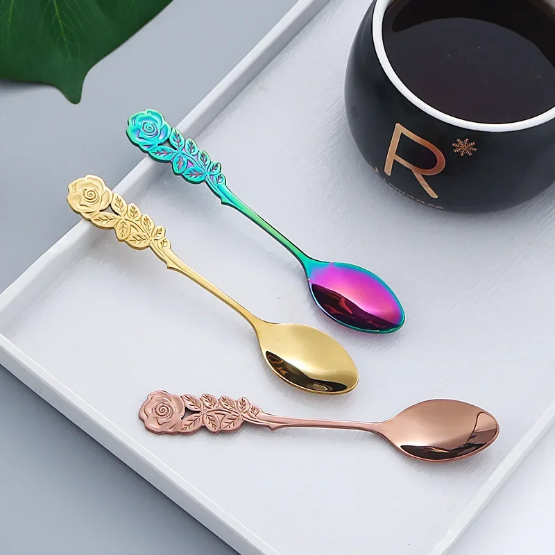 Tea Stirring Spoon Ice Cream Scoop Cute Rose Flowers Spoons Rainbow Coffee Tea Spoon Flatware Drinking Tools Stainless Steel