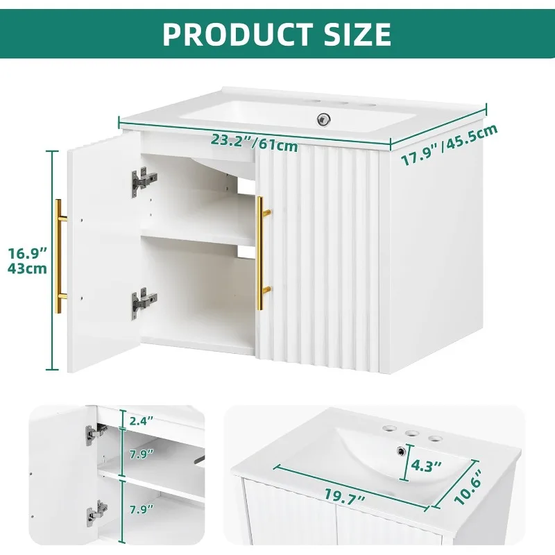 シンク付き24インチバスルームバニティ、小スペースフローティングバニティ、ダブルソフトクローズ付きモダンな3穴バスルーム収納キャビネット