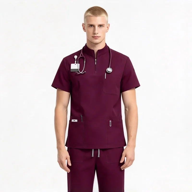 Pet Hospital Men's Frosted Suit Stand Collar Frosted Belt Pocket Uniform Straight Leg Pants Doctor Nurse Comfortable Clothing