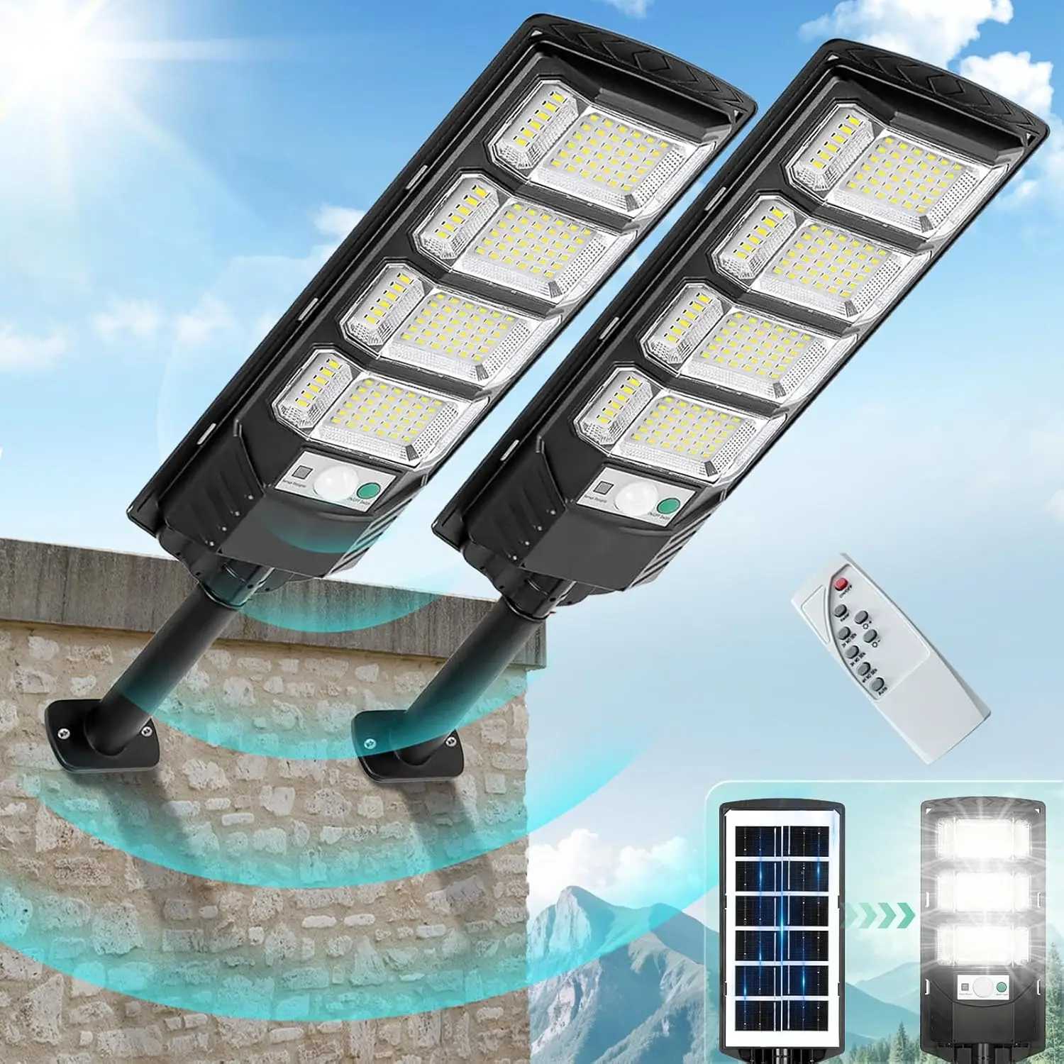 Solar outdoor light with motion sensor, waterproof wide-angle floodlight, safety light with remote control, courtyard path light