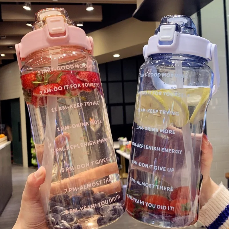 

2L Portable Water Bottle Large Capacity Plastic Straw Water Cup Drink Bottle With Time Marker For Outdoor Sports Fitness