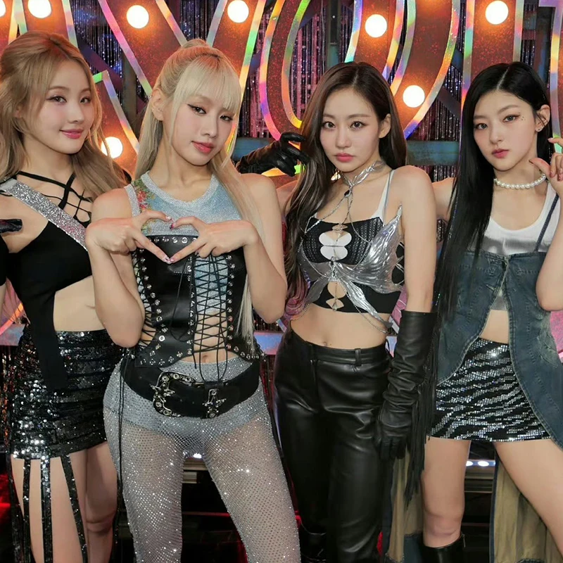 2024 New Homemade Sparkling Diamond South Korean Girl Group Singing Performance Outfit With Hollow Out Sexy Pants VBH161