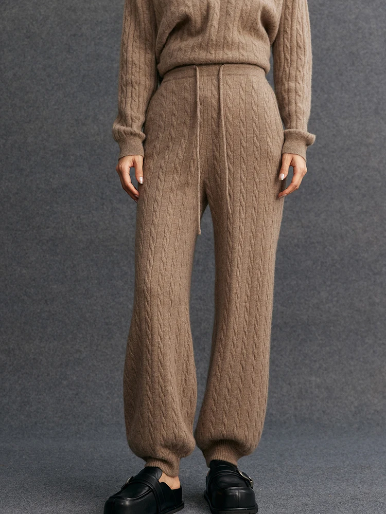 TLOML New Women's 100% Cashmere Knitted Cable Knit Bloomers Pants Autumn Winter Soft Warm Comfy Casual Trousers Cashmere Pants