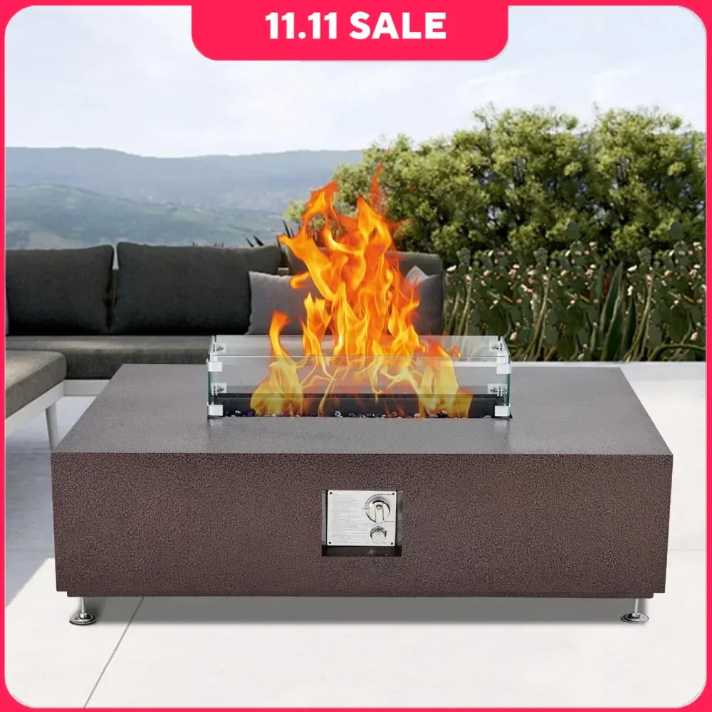 Outdoor Fire Pit Table, 50000BTU Rectangular Gas Firepit with Wind Guard, 48 Inch Propane Fire Pit