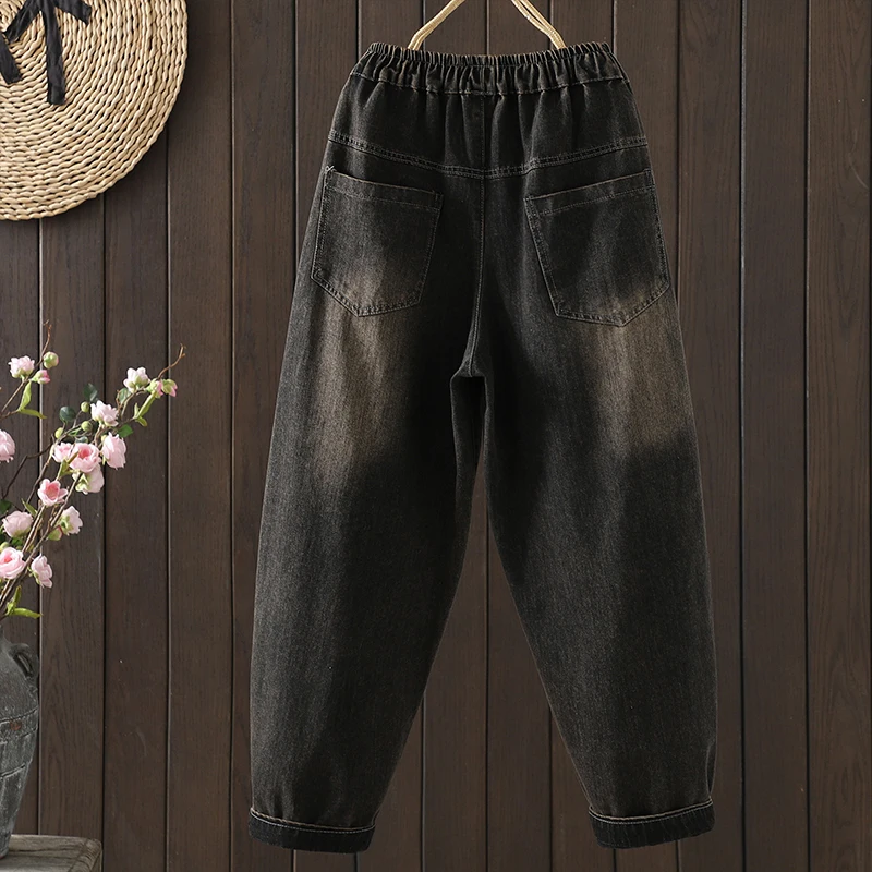 Celana Harem Denim Bordir Tebal 9-Length Patchwork Kasual Katun Campuran Bla Jeans untuk Wanita Ukuran Besar