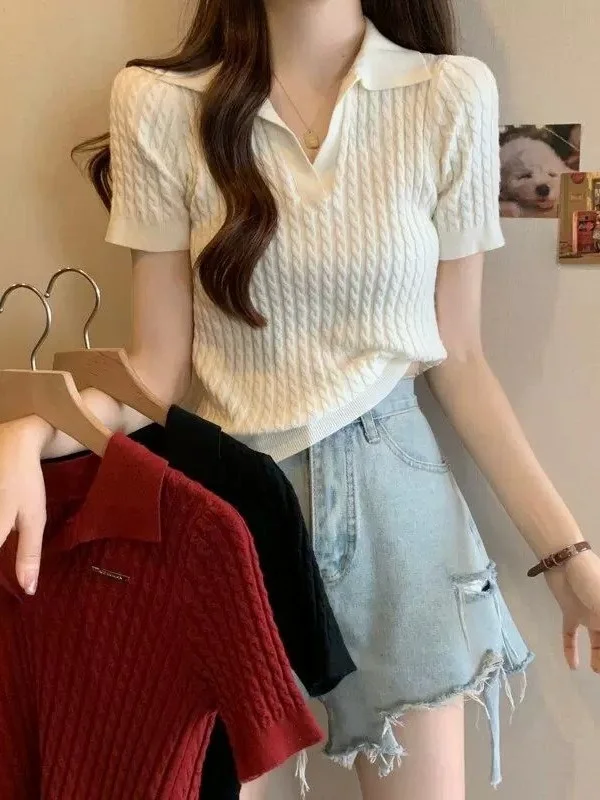 Korean Style Neck Knitted Sweater Women's Summer Slim Fit Casual Short Sleeve Top Breathable Soft Medium Gauge Knitwear