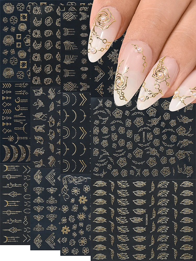 3D Fil doré feuilles Floral Nail Art autocollants nouveau bronzant Vintage Texture fleurs auto-adhésif bricolage manucure décalcomanie Decorati