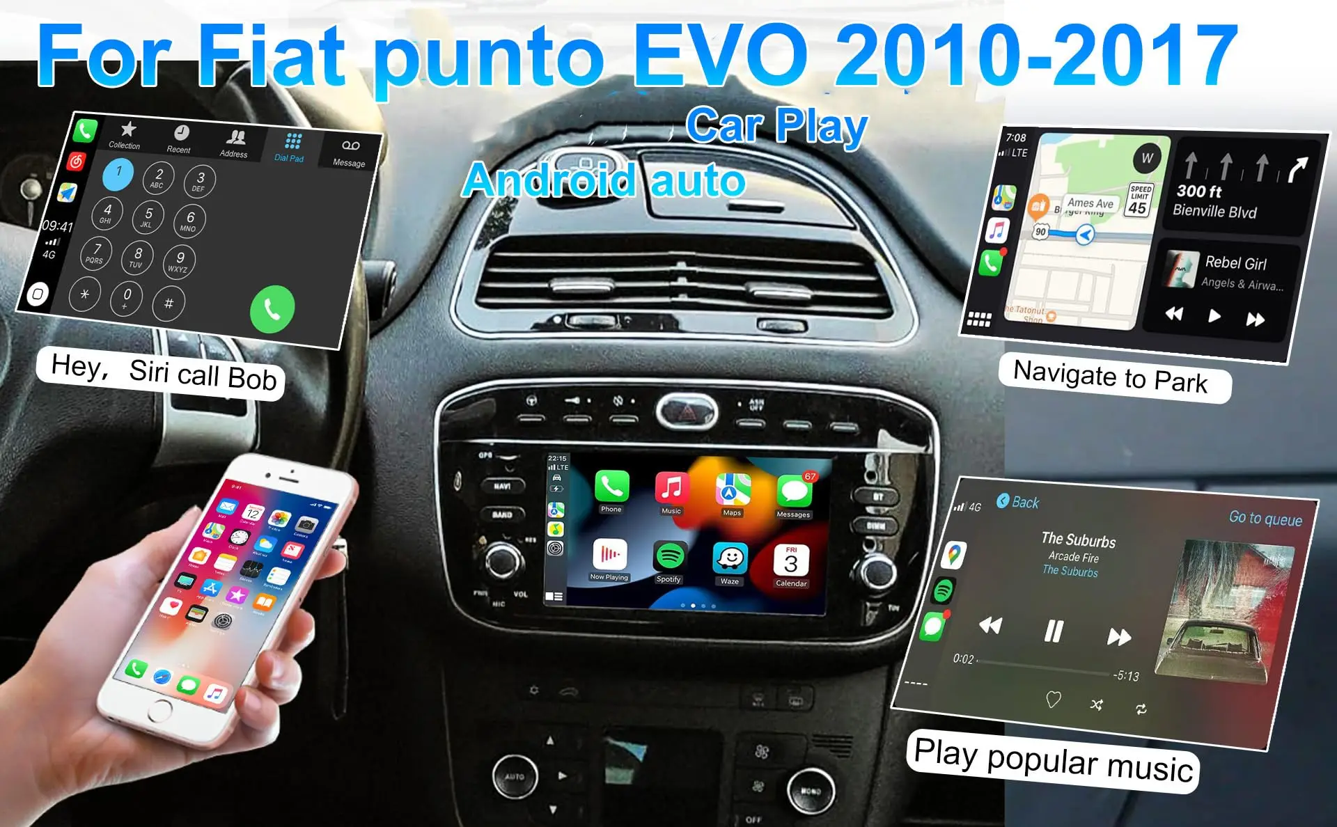 

Android Car radio for Fiat Linea Punto Evo 2012-2015 stereo screen 6.2’,Wireless Carplay Android Auto,Bluetooth,SWC,GPS,FM radio