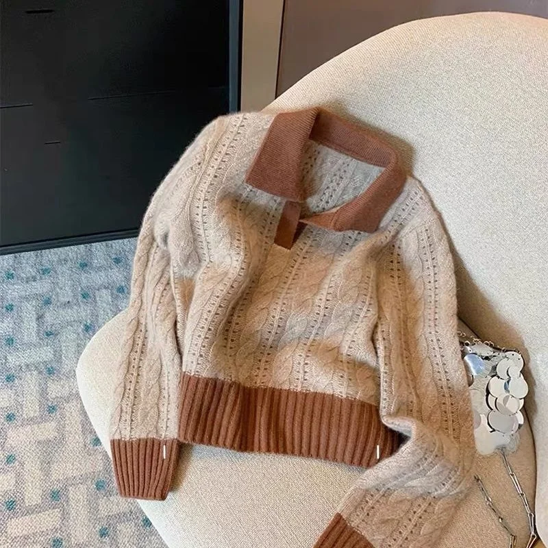 

Ретро вязаный свитер женский с отложным воротником, осенне-зимний, в стиле кэжуал, с узором «косы», новинка 2025 года, весенняя мода, молодежная одежда