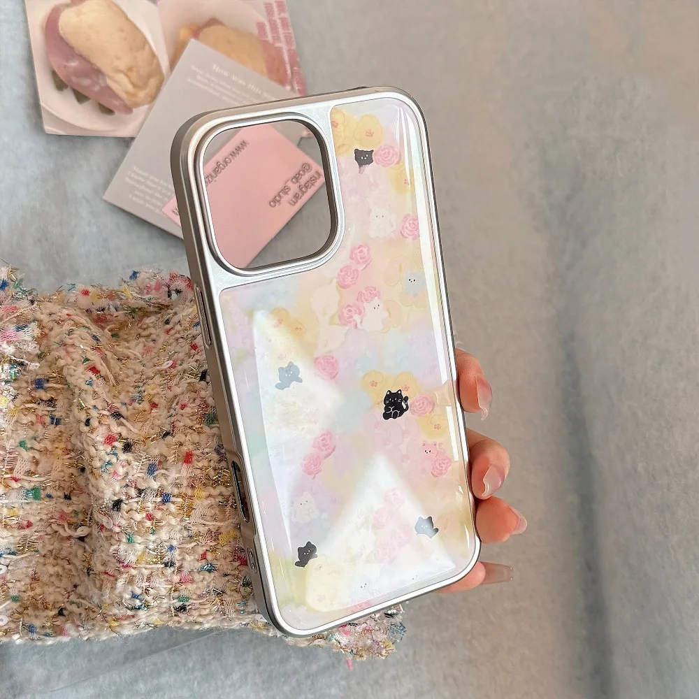 Ins زهرة البحر القط نمط الفضة حافة الايبوكسي مكافحة الإفلات جراب هاتف آيفون XR/11/12/13/14/15/16/17 برو ماكس جراب هاتف