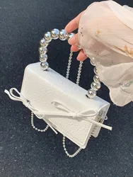 Women's New Texture Bow Decor Handbag Chain Mobile Crossbody Bag Female White Black Square Box Shape Fashion Mini Bag