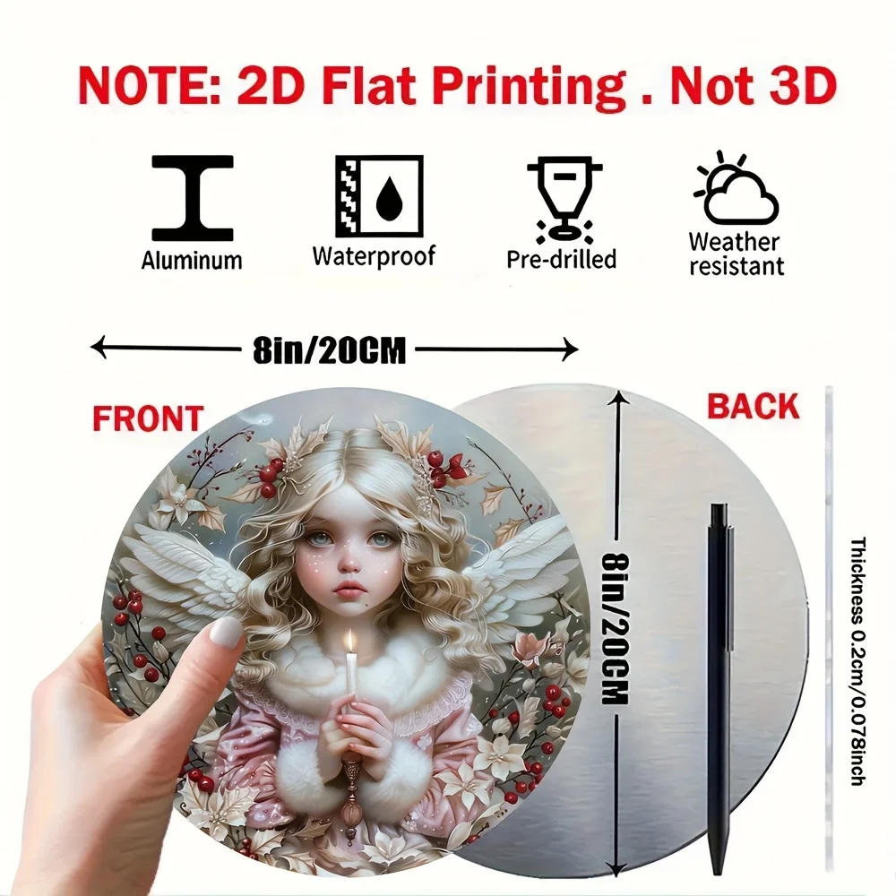 2D Flat, 1pc Vintage Angel-Themed Round Metal Wall Plaque - Pink & Cherub with Holly Berries, Aluminum 2D Flat Hanging Sign Suit