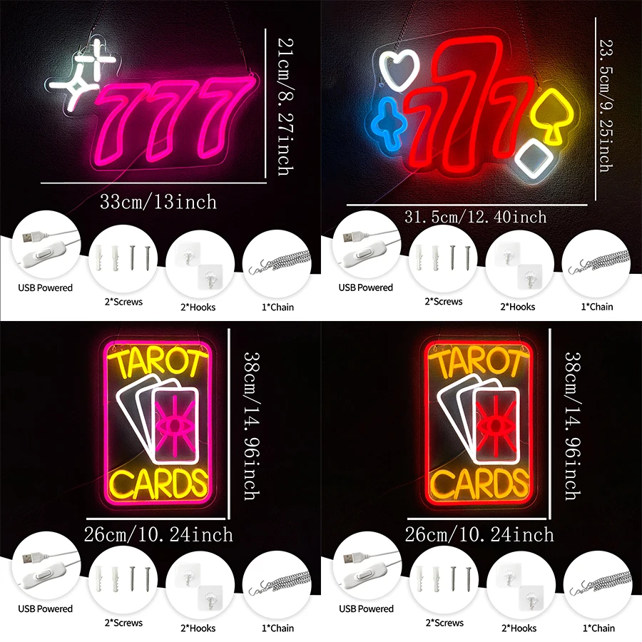 Tarot Cards Led Neon Sign, 777 Digital Entertainment Venue Wall Decor, Bars, Gambling, Clubs, Game Rooms, Man Cave Wall Lamps.