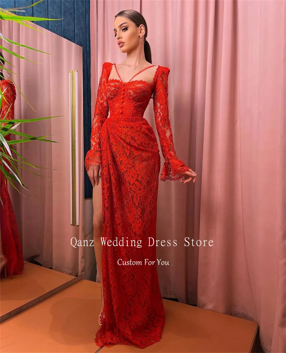 Qanz Red Full Lace Prom Dresses Long Sleeves High Leg Slit Sexy Party Dresses Mermaid with Buttons Luxury Dresses Customized