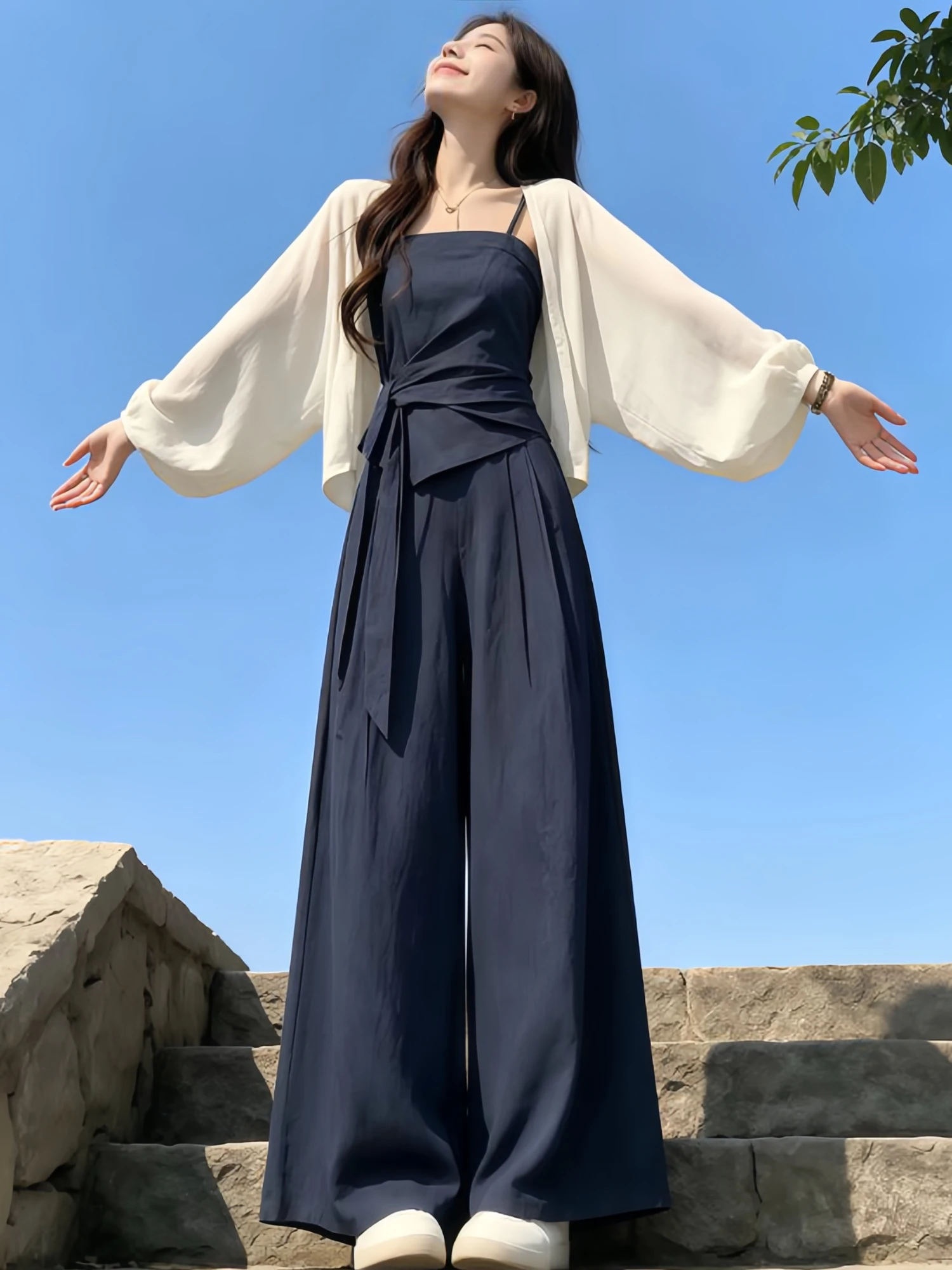 

Elegant Casual Knitted Set Women Summer Sash Strap Vest Open Cardigan Wide Leg Pants Three Piece Set Fashionable Loose Fit