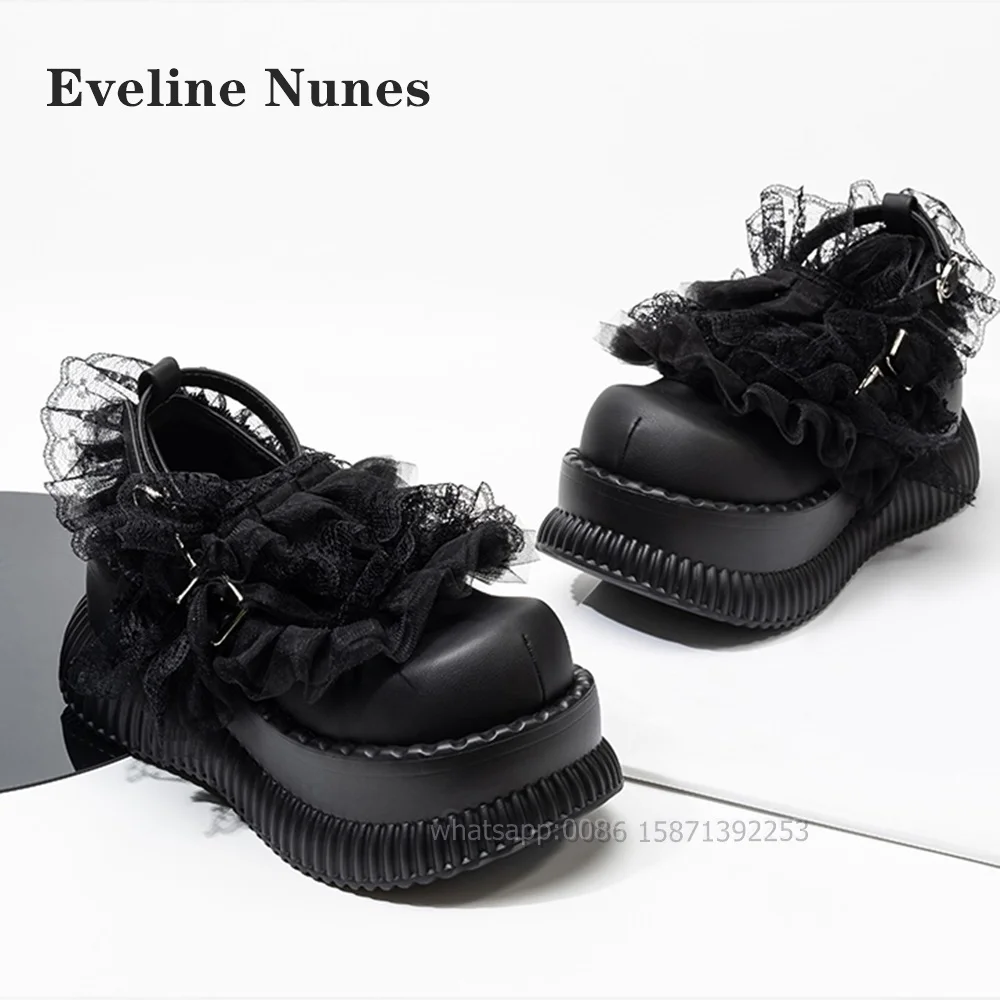 

Lace Height Increasing Platform Pumps Round Toe Tank Soled One-Word Buckle Black Mary Janes Millennial Style Spicy Girl Shoes