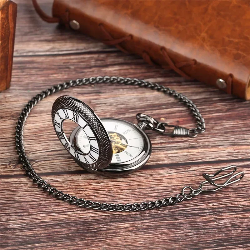 Vintage Black Half Hunter Men Women Mechanical Hand Winding Pocket Watch Roman Number Skeleton Clock Pendant Chain Gift reloj