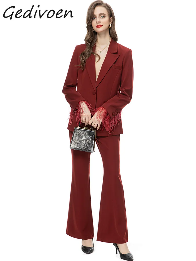 

Gedivoen Autumn Fashion Designer Black Temperament Pants Set Women's Lapel Tassels Slim Suit Coat+Straight Trousers 2 Piece Set