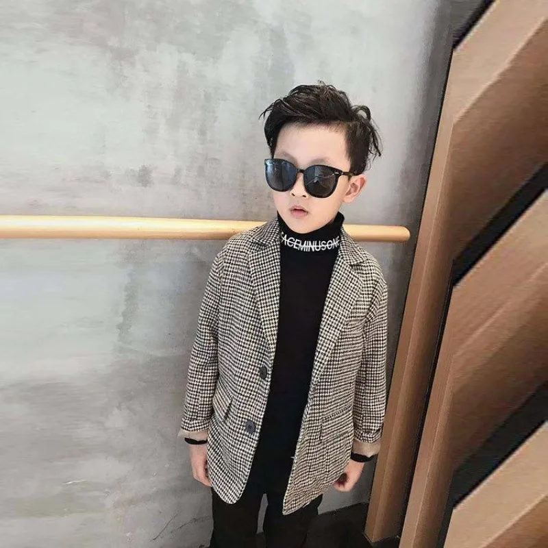 

Клетчатый пиджак с узором «гусиные лапки» для мальчиков, осенне-зимний корейский стиль, плотный повседневный пиджак для детей, размер 10-14, новый модный дизайн