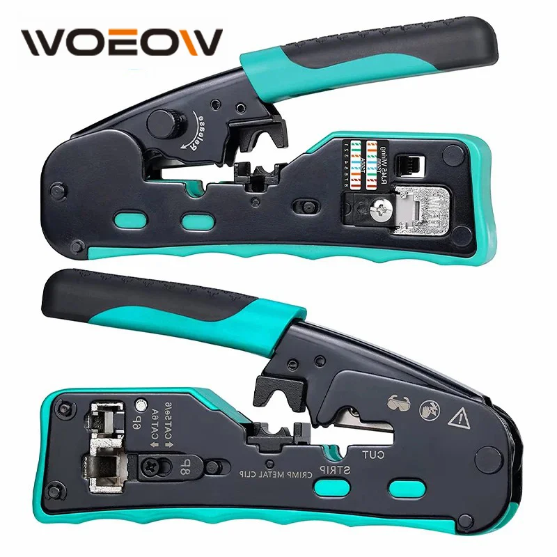 WoeoW Pass Through RJ45 Crimp Tool Cat5e Cat6 Cat6a Cat7 Crimping Tool for RJ11/RJ12 Standard, RJ45 Pass Through Connectors