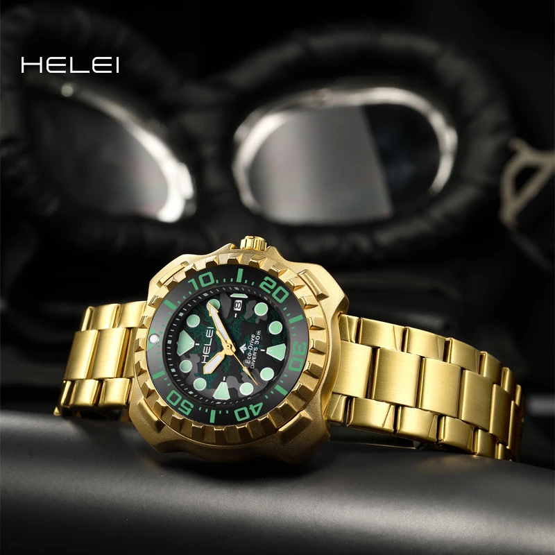 HELEI Men Classic Helmsman Quartz Watch Stainless Steel Strap, Hardened Mineral Glass Heavy Male Sports Wristwatch