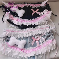 Mikumn Harajuku Y2k Women Sexy Lace Shorts Punk Girls Sweet Bow Angel Wing Bone Lace-up Low Waist Denim Shorts Jeans Streetwear