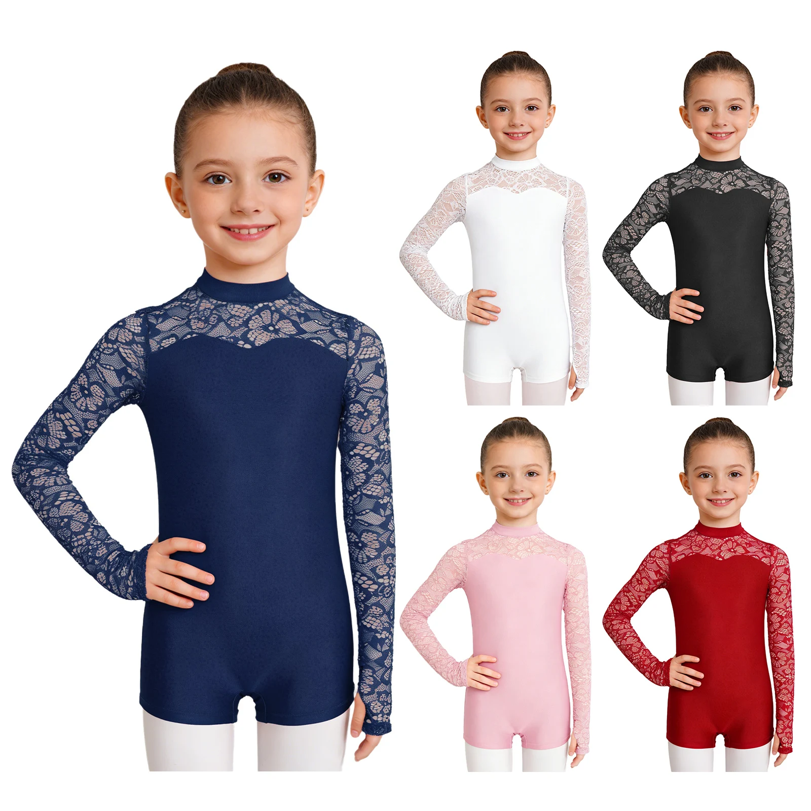 Kids Girls Floral Lace Ballet Dance Leotards Long Sleeves Gymnastics Yoga Bodysuit for Figure Skating Acrobatics Performance image 5